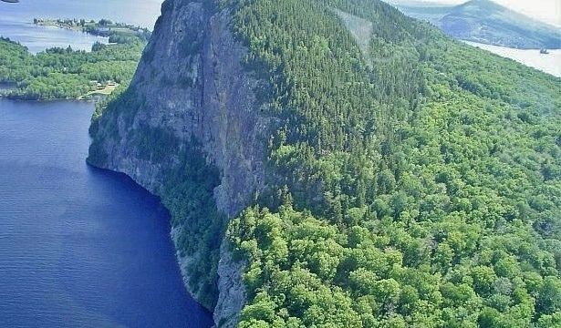 Aerial view of Mount Kineo rising above Moosehead Lake